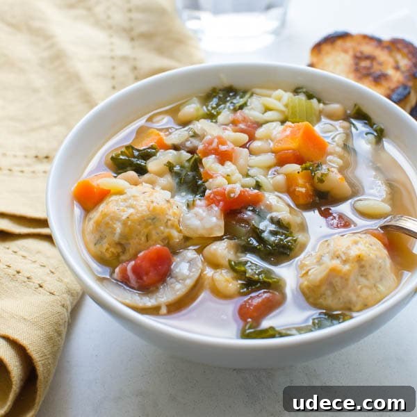 Kale, White Bean and Meatball Soup with spoon