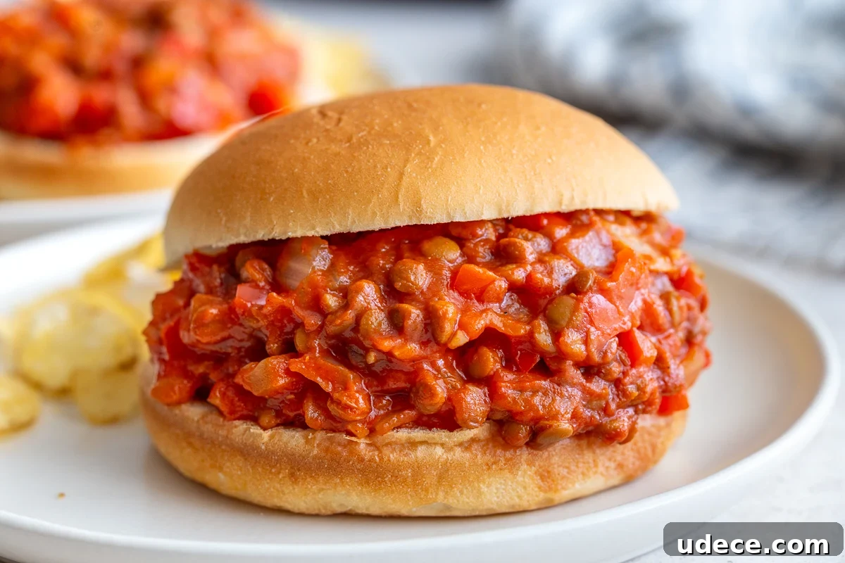 Vegan Lentil Sloppy Joes Recipe for Flavorful Plant-Based Sandwiches 2 lentil sloppy joes on a bun with another in the background