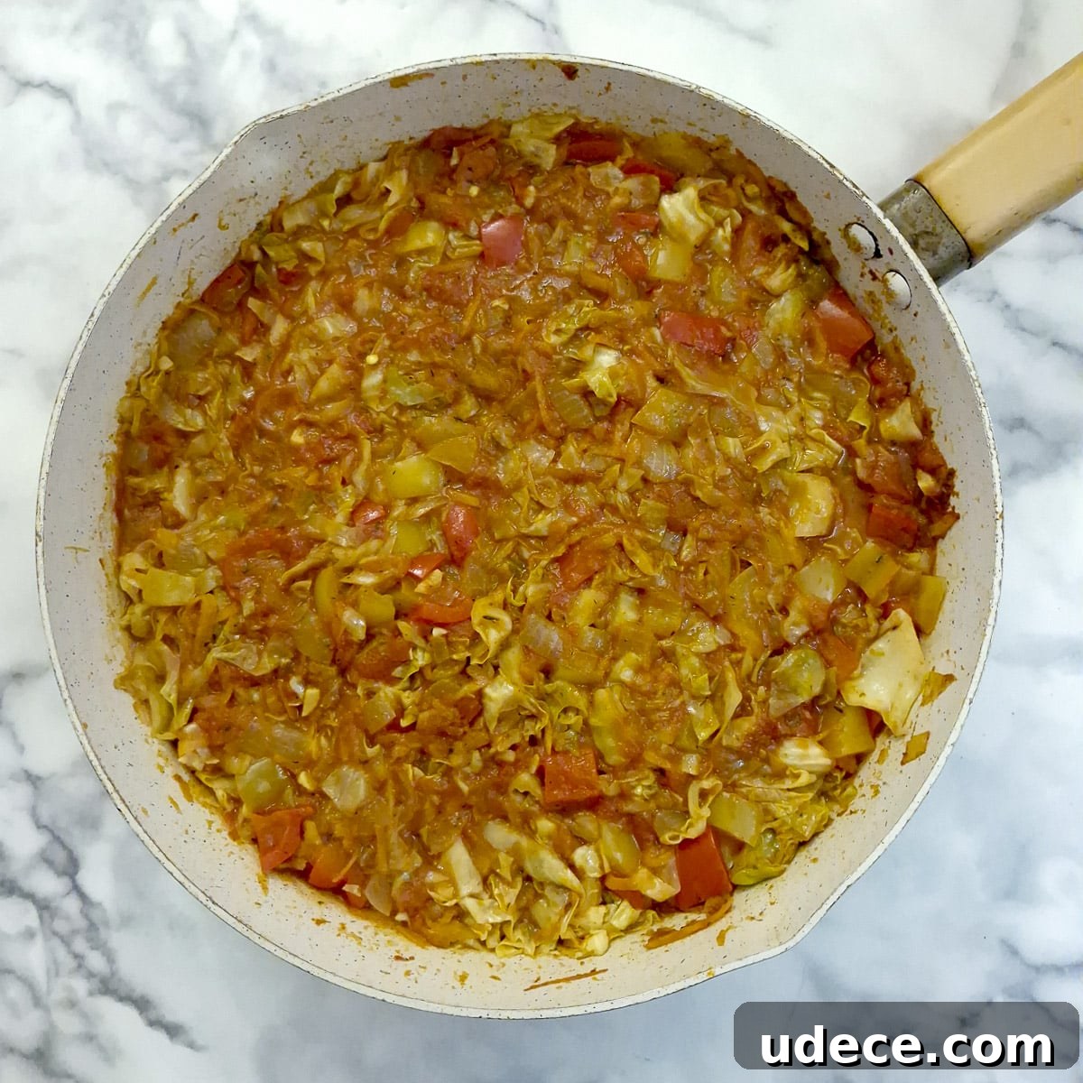 Chakalaka Recipe: Authentic South African Spicy Vegetable Relish 10 Step 6, a pan of almost completely cooked chakalaka. All that's missing is the baked beans.