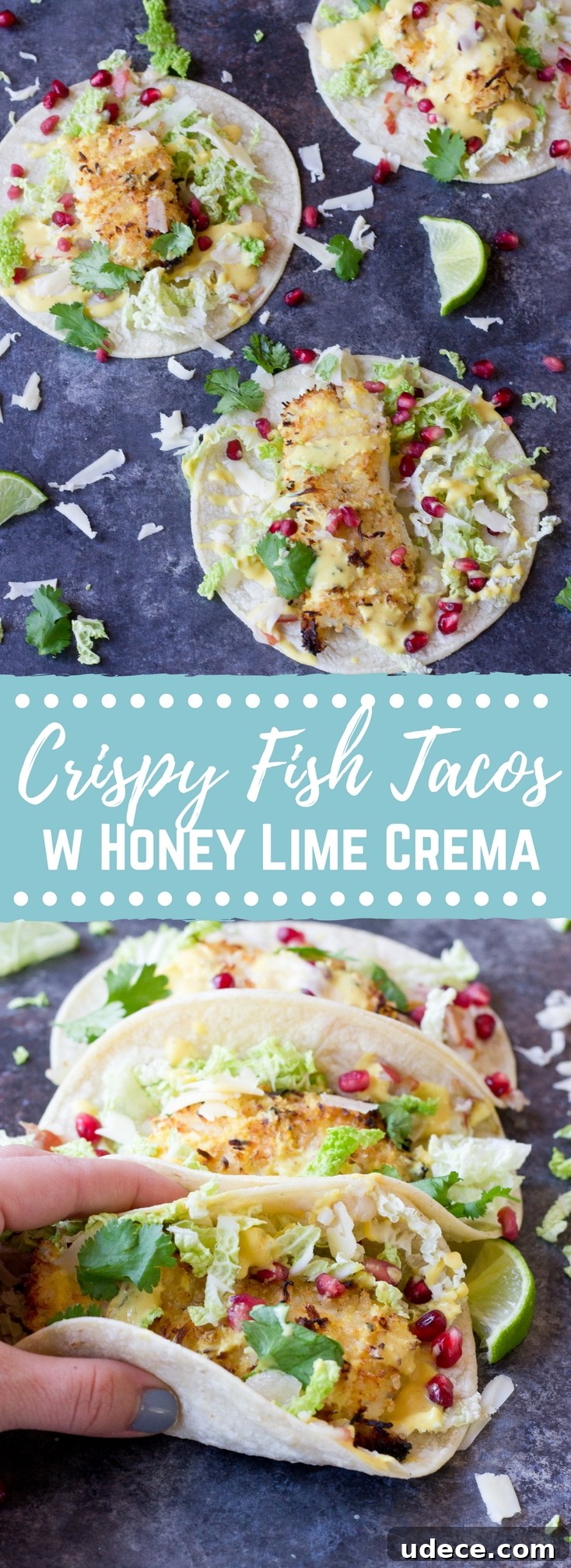 Crazy for tacos? Add these Crispy Fish Tacos to your menu! Crispy baked cod topped with pomegranates, shredded pear, and Honey Lime Crema. Simple to make at home!