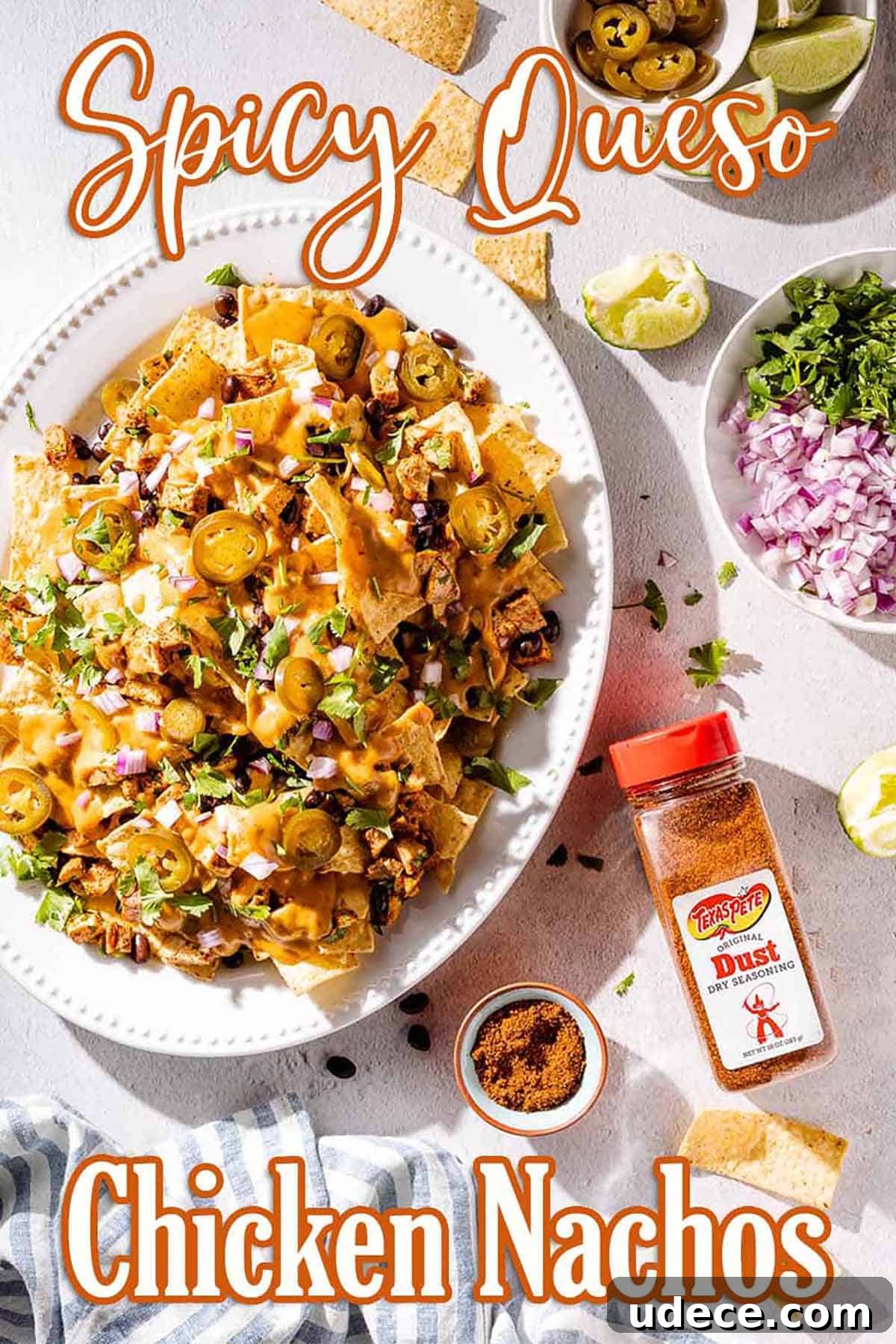 Spicy Queso Chicken Nachos Recipe for Game Night 8 Platter of spicy chicken nachos with text overlay