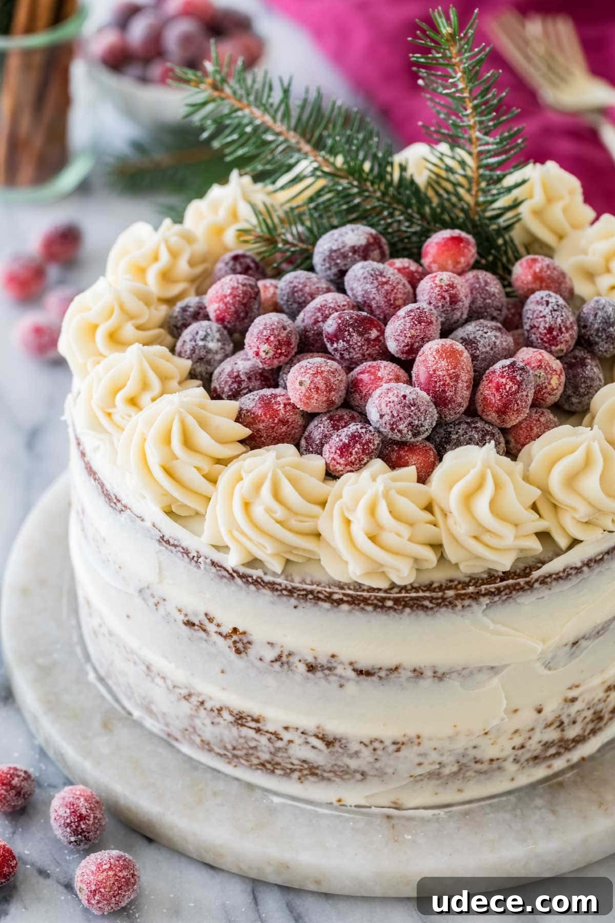 Gingerbread Layer Cake Recipe with Spiced Cream Cheese Frosting 10 Three layer gingerbread cake decorated with cream cheese frosting and sugared cranberries.