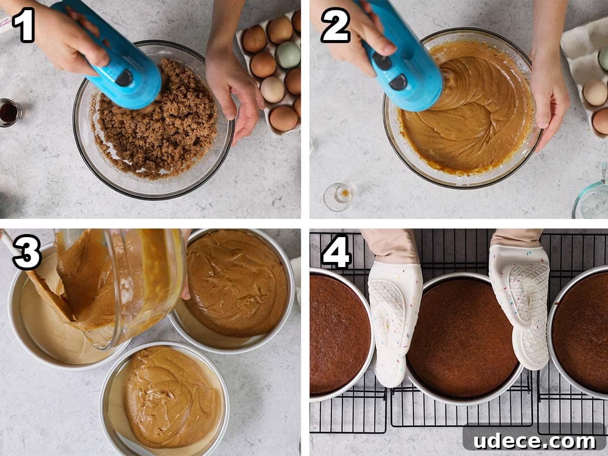 Gingerbread Layer Cake Recipe with Spiced Cream Cheese Frosting 5 Collage of four photos showing cake batter being prepared, poured into pans, and baked.