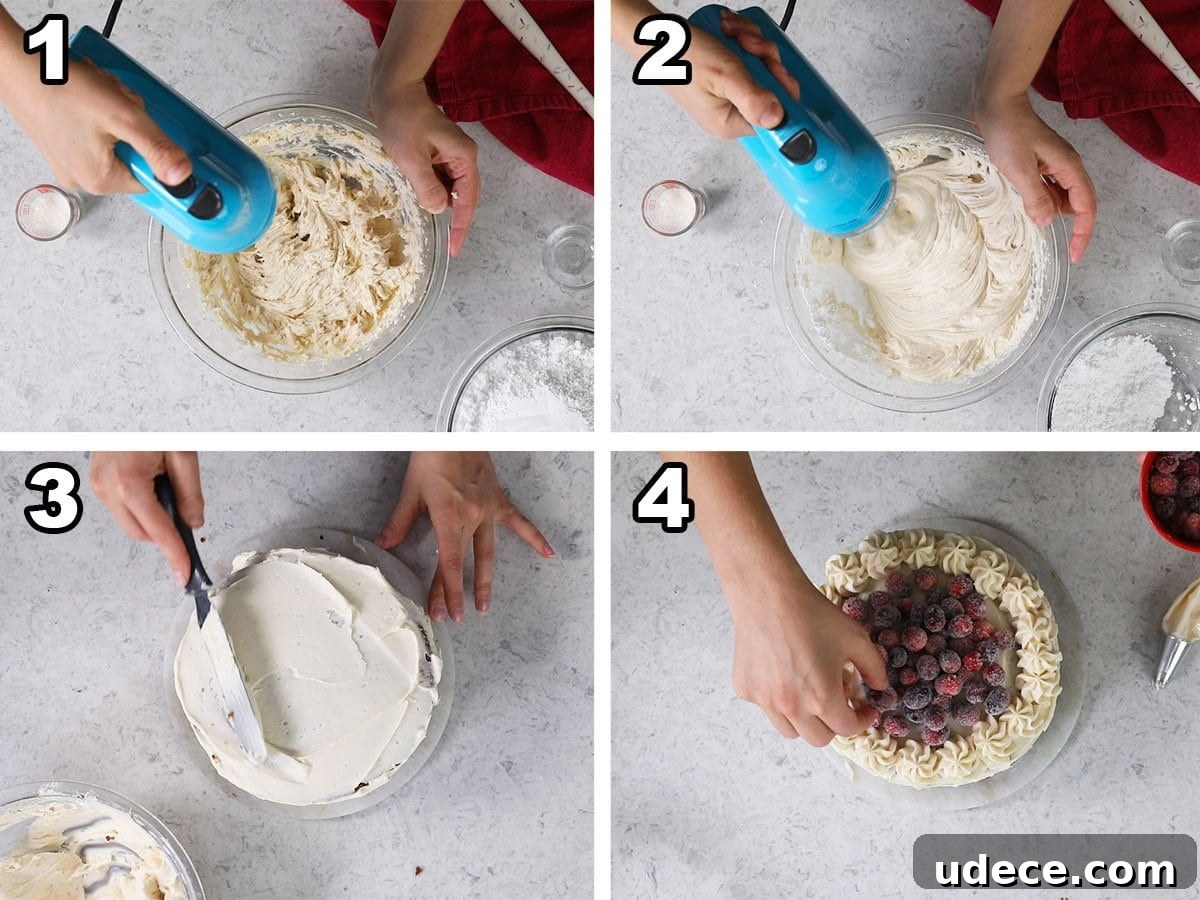 Gingerbread Layer Cake Recipe with Spiced Cream Cheese Frosting 6 Collage of four photos showing icing being prepared, smoothed over cake, and piped.