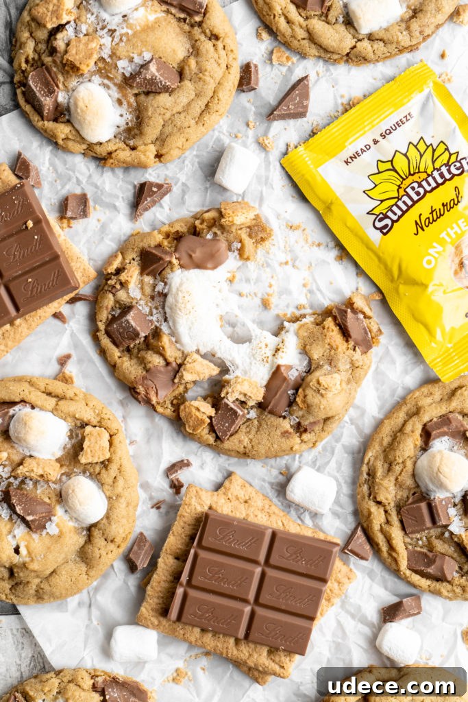 SunButter S'mores Cookies with Graham Crackers Recipe 2 chewy easy to make s'mores cookies made with milk chocolate chips, marshmallows and graham crackers