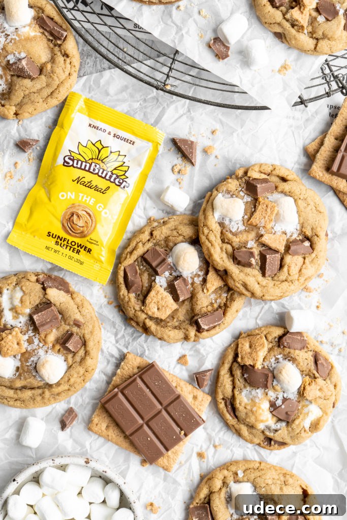SunButter S'mores Cookies with Graham Crackers Recipe 3 chewy easy to make s'mores cookies made with milk chocolate chips, marshmallows and graham crackers