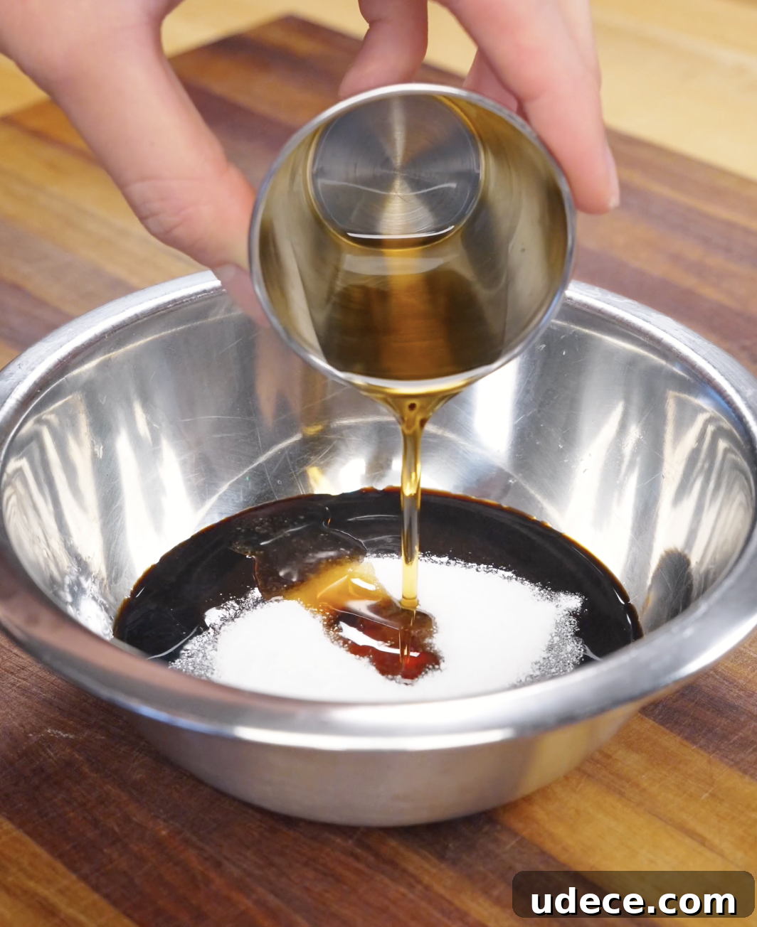 Honey being poured into a stainless steel bowl with soy sauce, sugar, and oyster sauce to create a glossy garlic beef fried rice sauce with a balanced sweet and savory flavor.