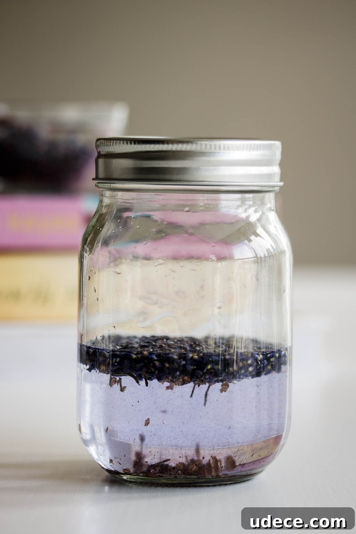 Homemade Lavender Extract for Baking and Cocktails 5 Recipe just after made, liquid still with a light-purple color.