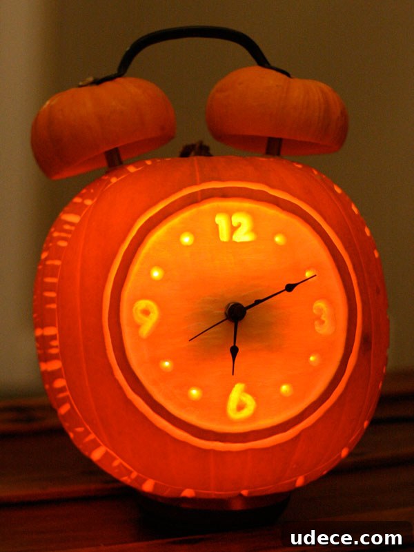 25+ Creative Pumpkin Carving Ideas for Halloween Decorations 13 Alarm Clock Carved Pumpkin | 25+ Creative Carved Pumpkins