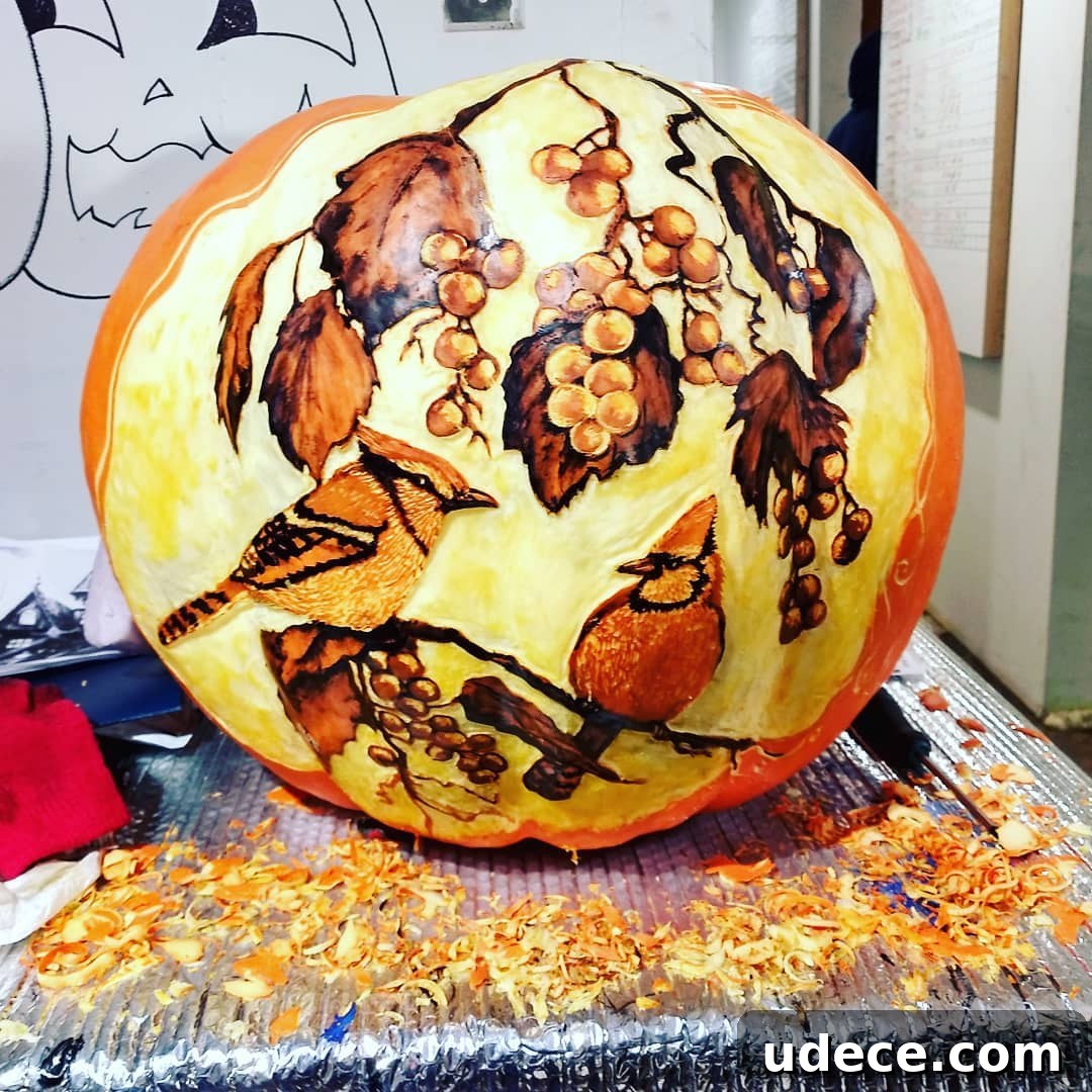 25+ Creative Pumpkin Carving Ideas for Halloween Decorations 23 Grape Vine and Birds Carved Pumpkin | 25+ Creative Carved Pumpkins