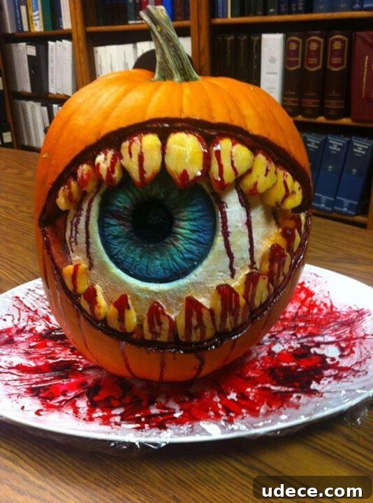 25+ Creative Pumpkin Carving Ideas for Halloween Decorations 10 Bloody Eyeball Carved Pumpkin | 25+ Creative Carved Pumpkins