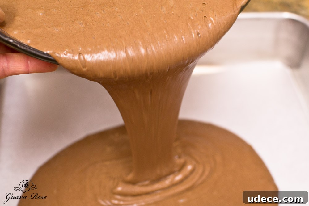 Pouring chiffon cake batter into baking pan