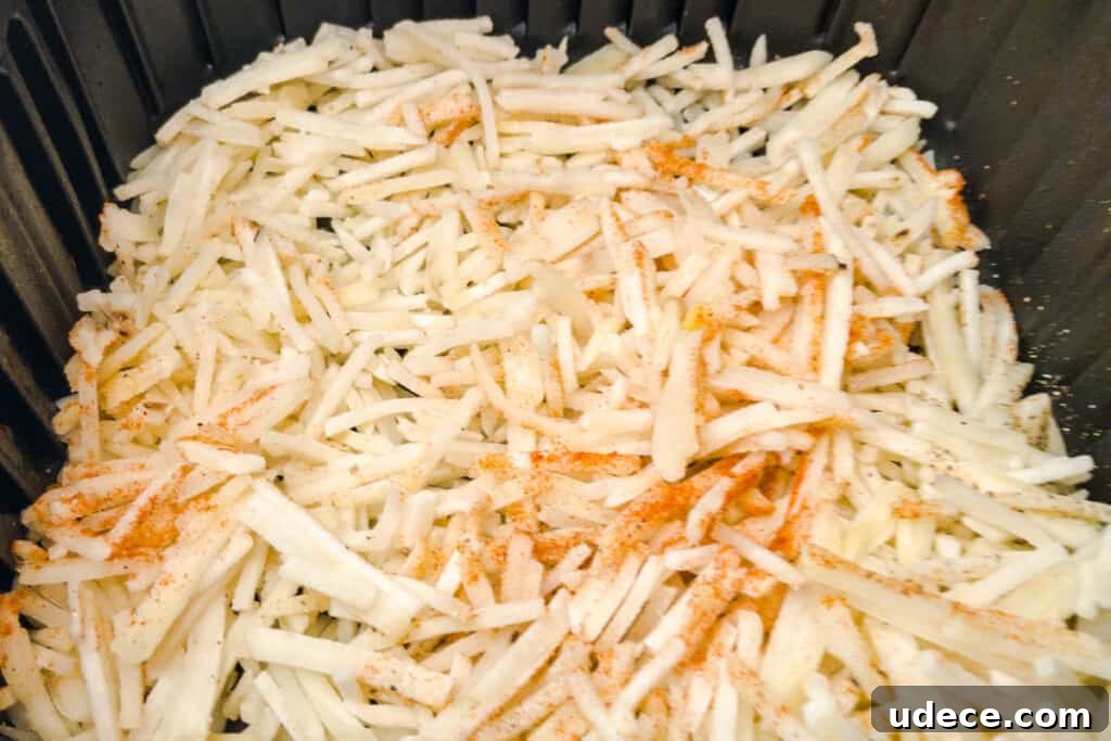 Crispy Air Fryer Hash Browns Ready in 15 Minutes 4 Frozen hash browns in air fryer basket seasoned up and ready to cook.