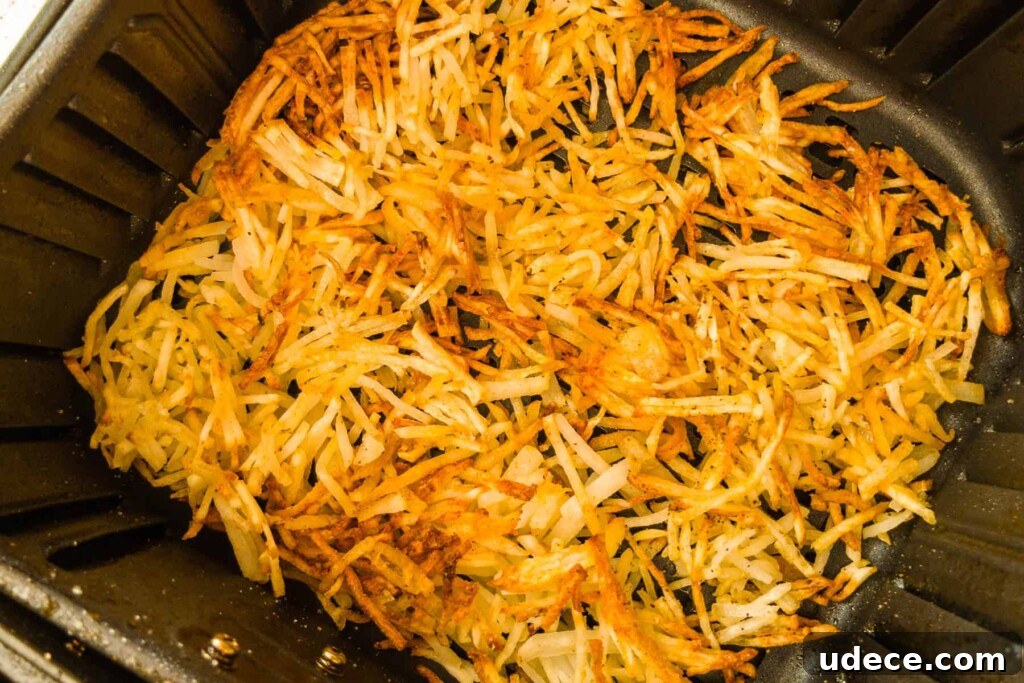 Crispy Air Fryer Hash Browns Ready in 15 Minutes 5 Golden brown crispy hash browns in the air fryer basket