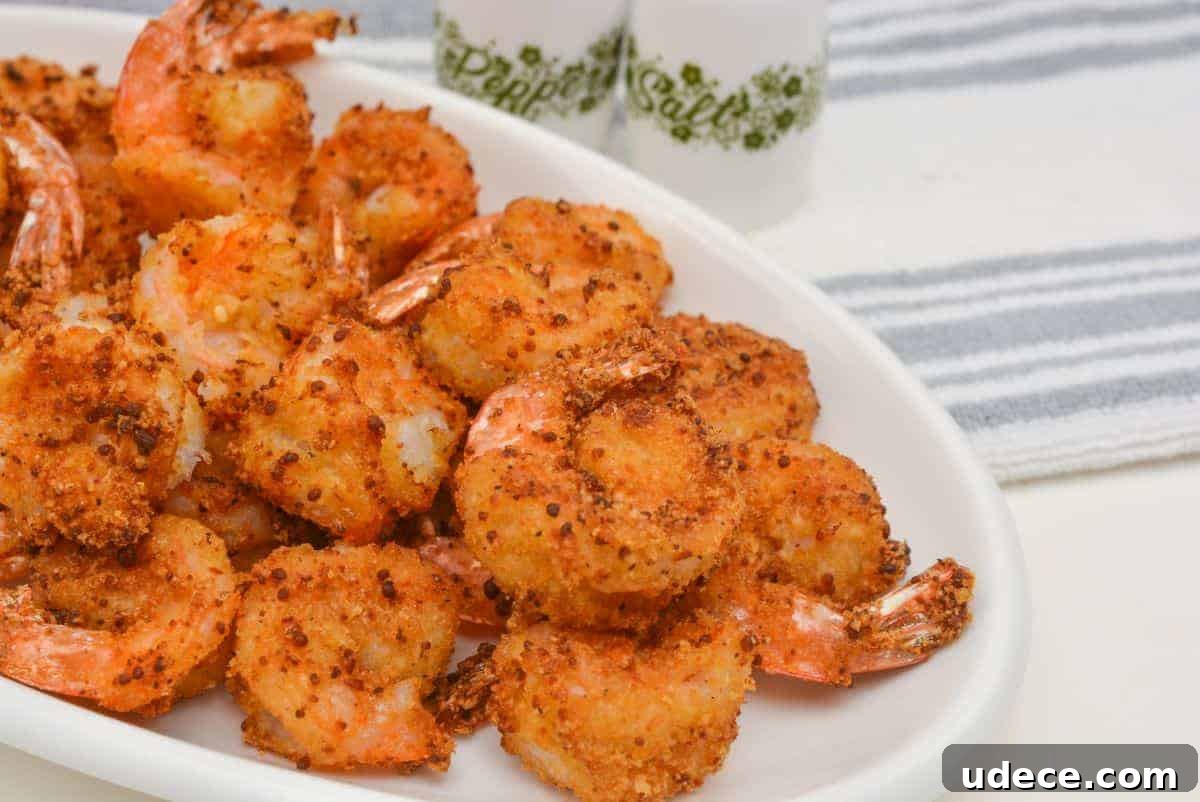 28 Seafood Dinners for Two That Deliver Restaurant-Quality Flavor 2 A white plate filled with breaded, seasoned, and cooked shrimp sits on a table next to salt and pepper shakers and a striped kitchen towel.