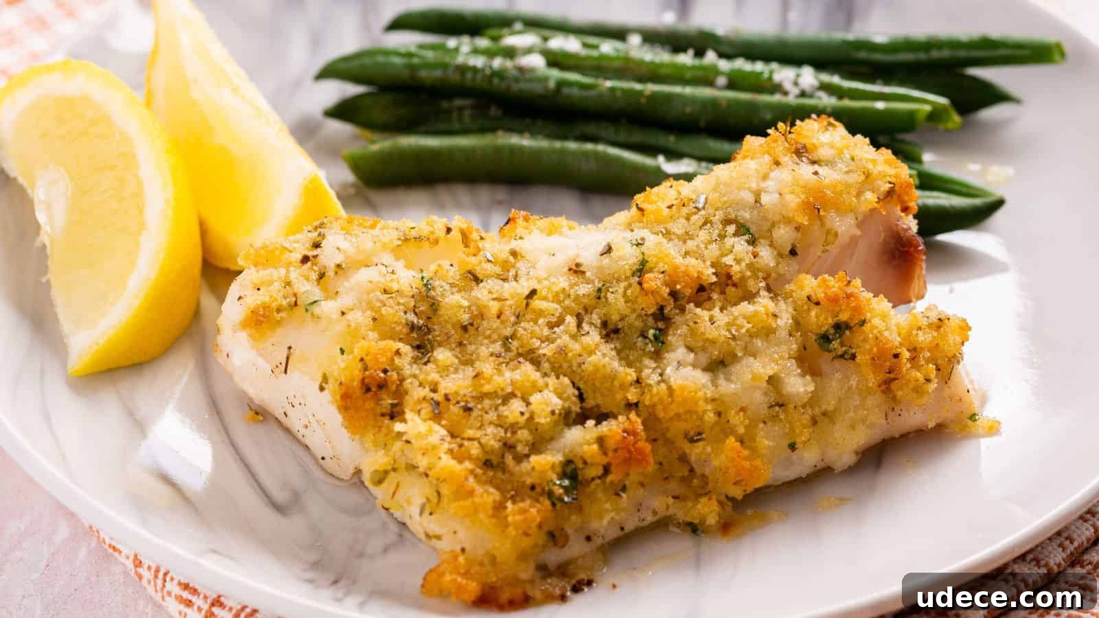 28 Seafood Dinners for Two That Deliver Restaurant-Quality Flavor 13 Breaded fish fillet served with green beans and lemon slices on a white plate.