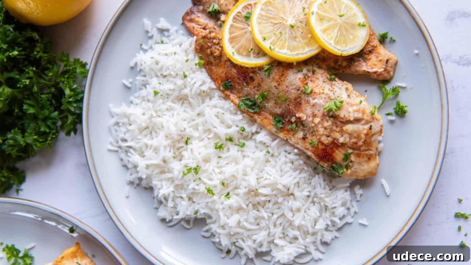 28 Seafood Dinners for Two That Deliver Restaurant-Quality Flavor 17 A plate with grilled fish topped with lemon slices and garnished with herbs, served alongside white rice.