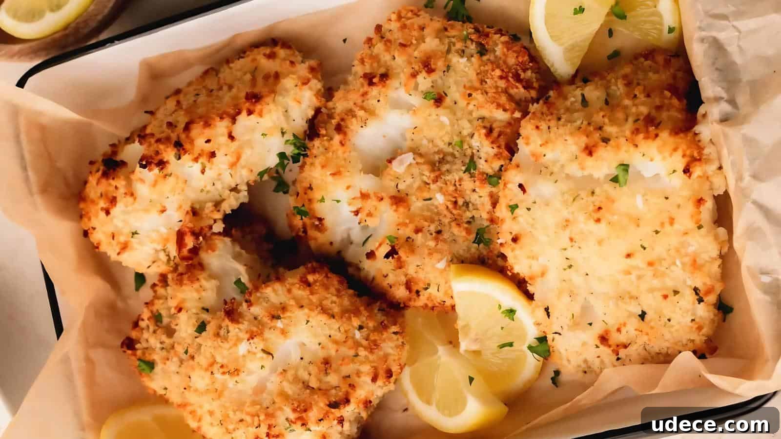 28 Seafood Dinners for Two That Deliver Restaurant-Quality Flavor 18 Breaded fish fillets garnished with parsley and served with lemon wedges on parchment paper.