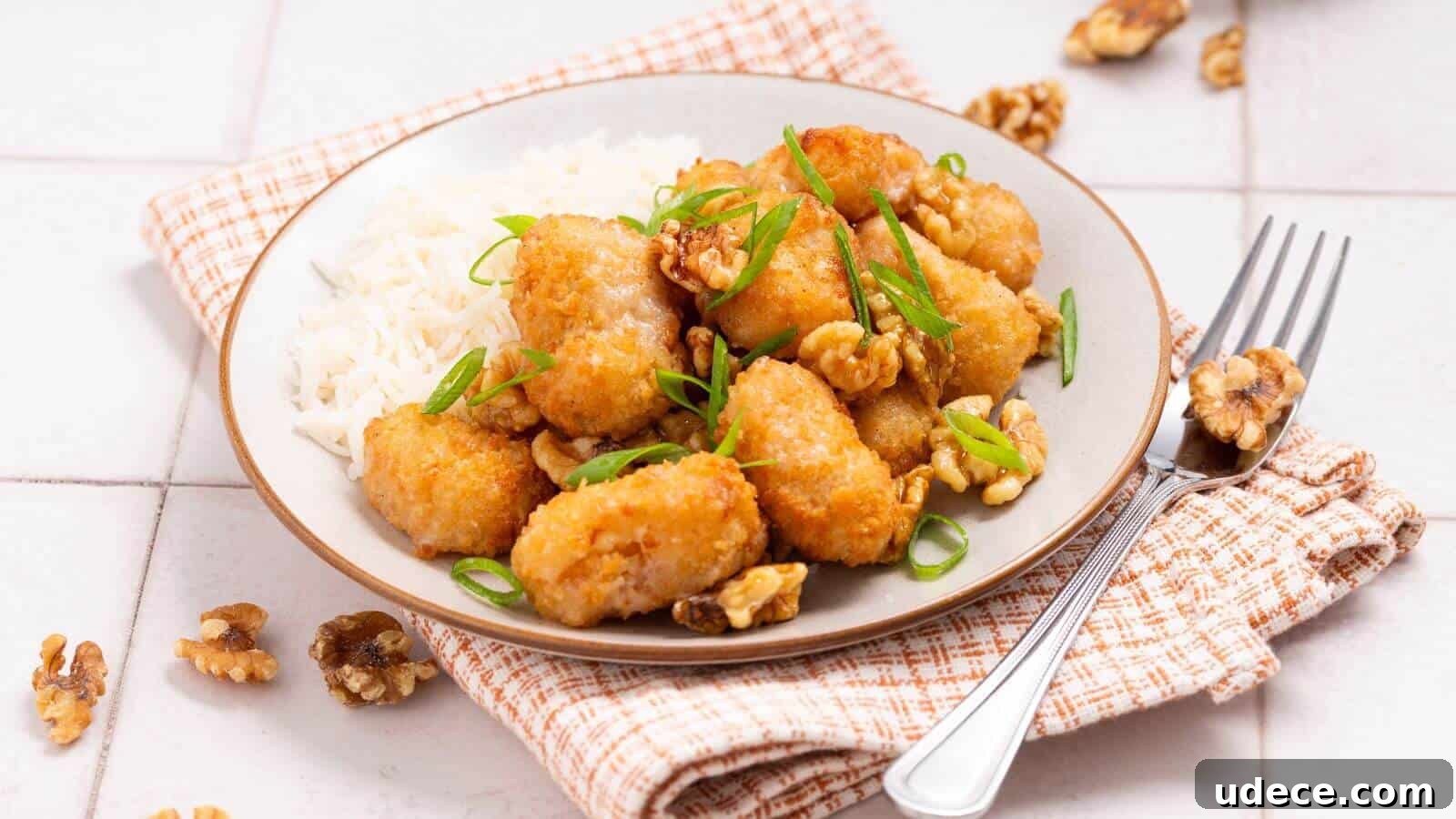 28 Seafood Dinners for Two That Deliver Restaurant-Quality Flavor 9 Plate of crispy tofu pieces with walnuts and green onions, served alongside white rice. Fork on the side.