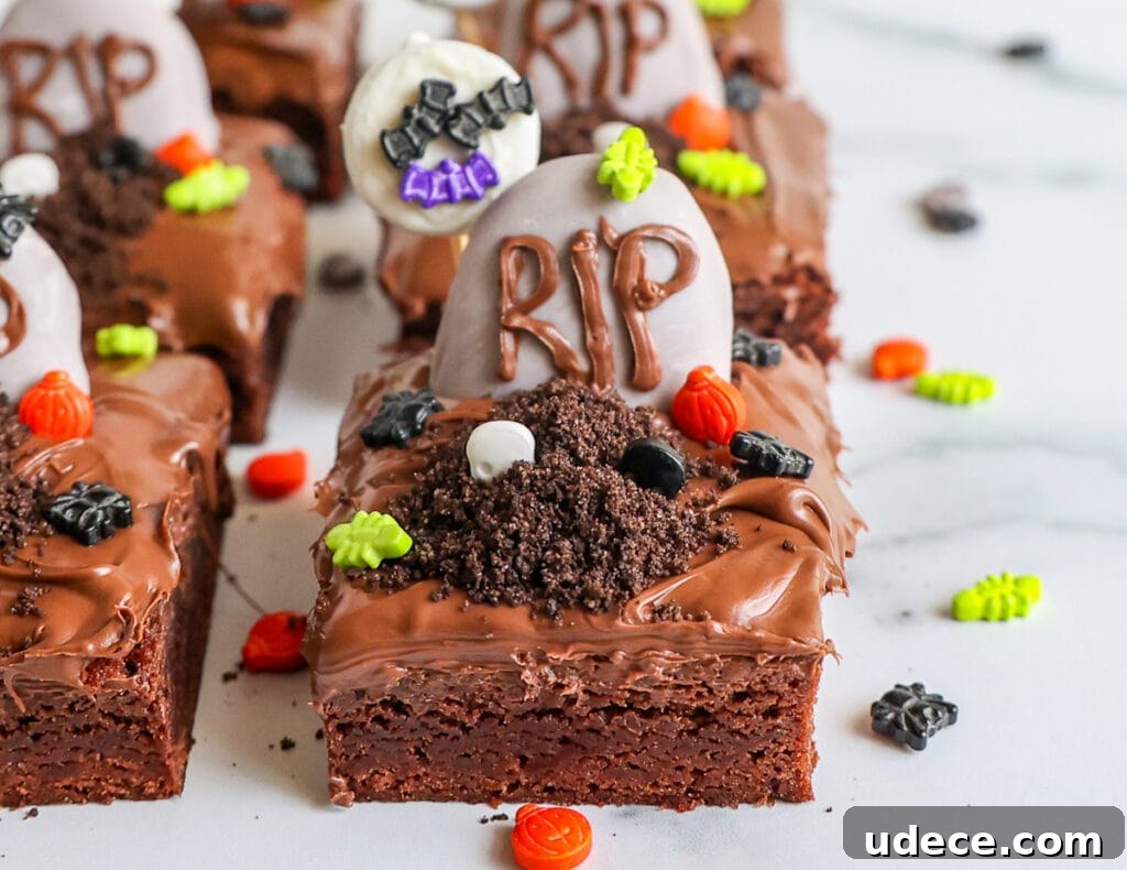 Graveyard Brownies: Spooky Halloween Dessert Recipe 14 Assembling the Brownies with the graveyard decorations