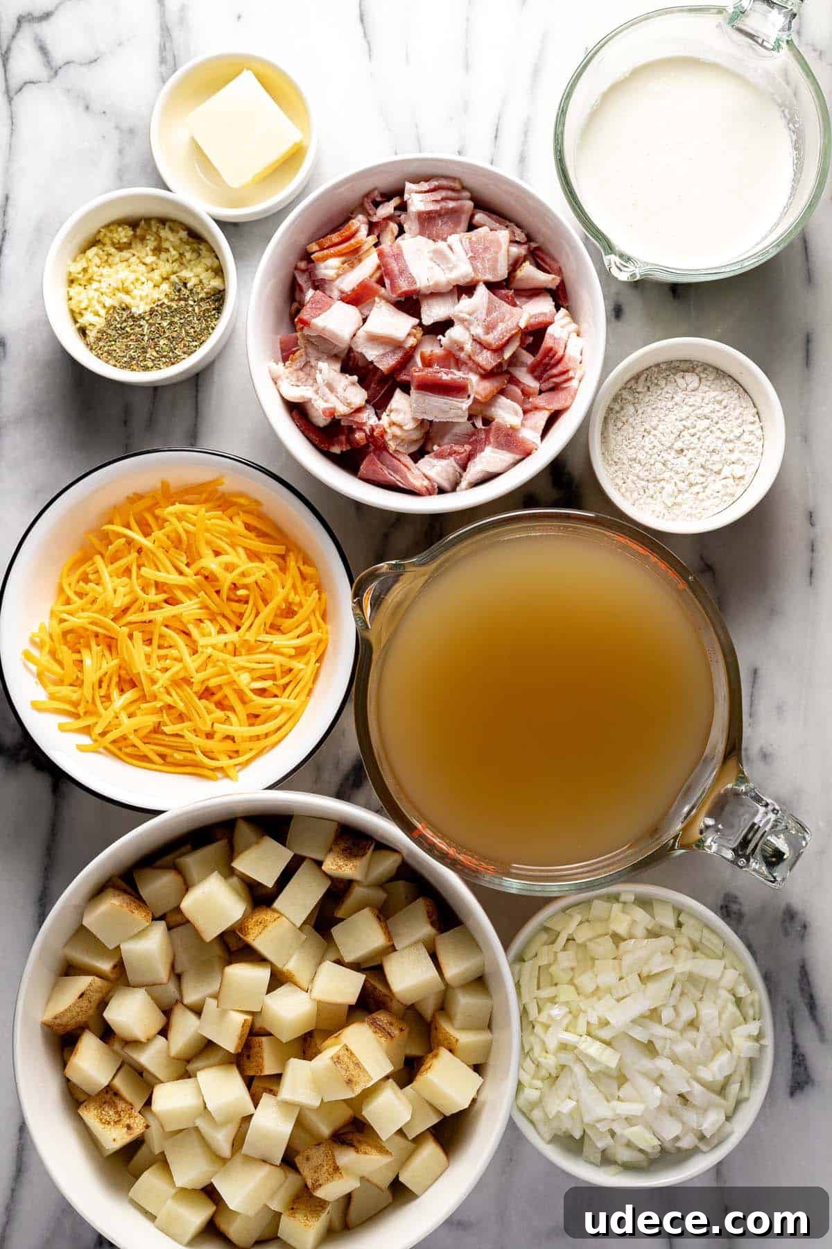 Bowls of ingredients to make homemade loaded baked potato soup. 