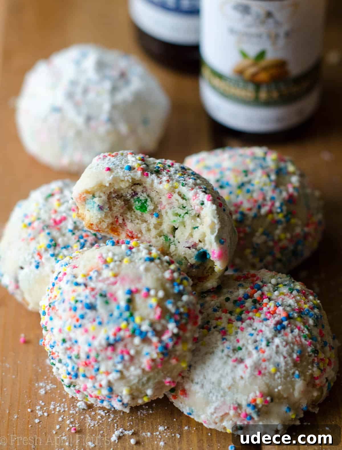 Funfetti Snowball Cookies: Colorful Cookie Bite Recipe 8 Funfetti Snowballs: Buttery, melt-in-your-mouth shortbread cookies filled with colorful sprinkles and rolled in powdered sugar.