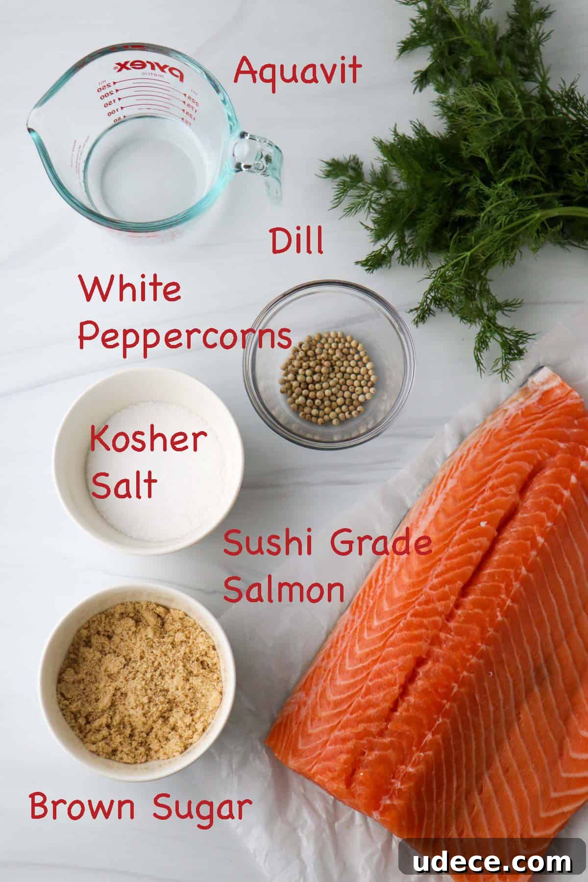 Homemade Gravlax: Simple Cured Salmon with Dill and Citrus 3 Labeled ingredients for Gravlax (Cured Salmon).