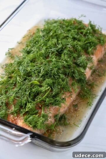 Homemade Gravlax: Simple Cured Salmon with Dill and Citrus 7 Salmon in a glass dish covered with chopped dill.
