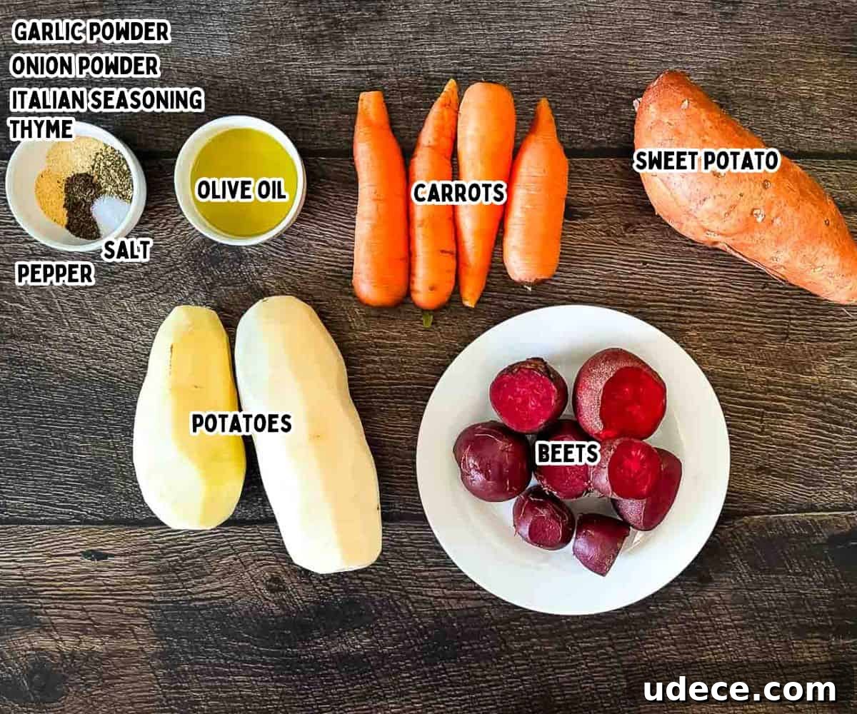The labeled ingredients for air fryer roasted root vegetables on a rustic wooden table.