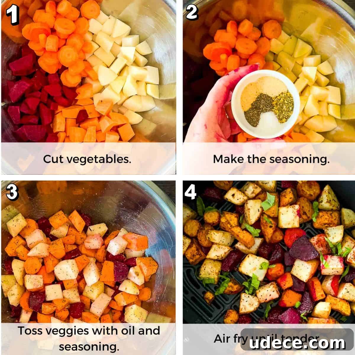 A collage of four photos showing the steps on how to make the air fryer root vegetables.