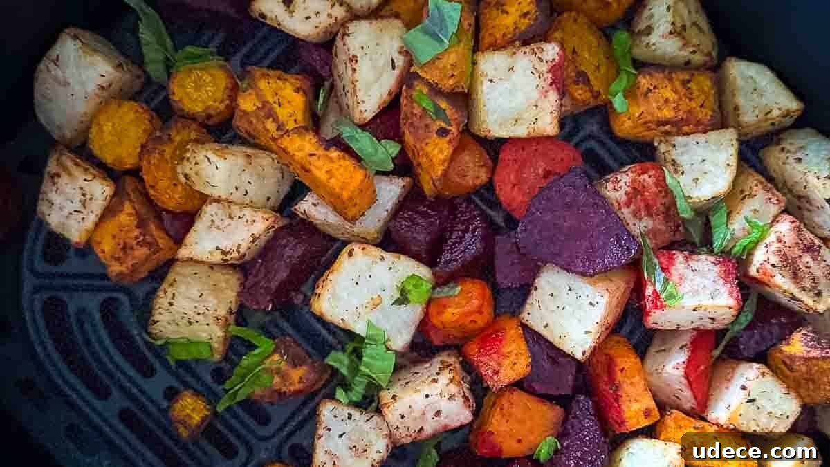 The perfect roasted root vegetables in the air fryer basket, garnished with fresh herbs.