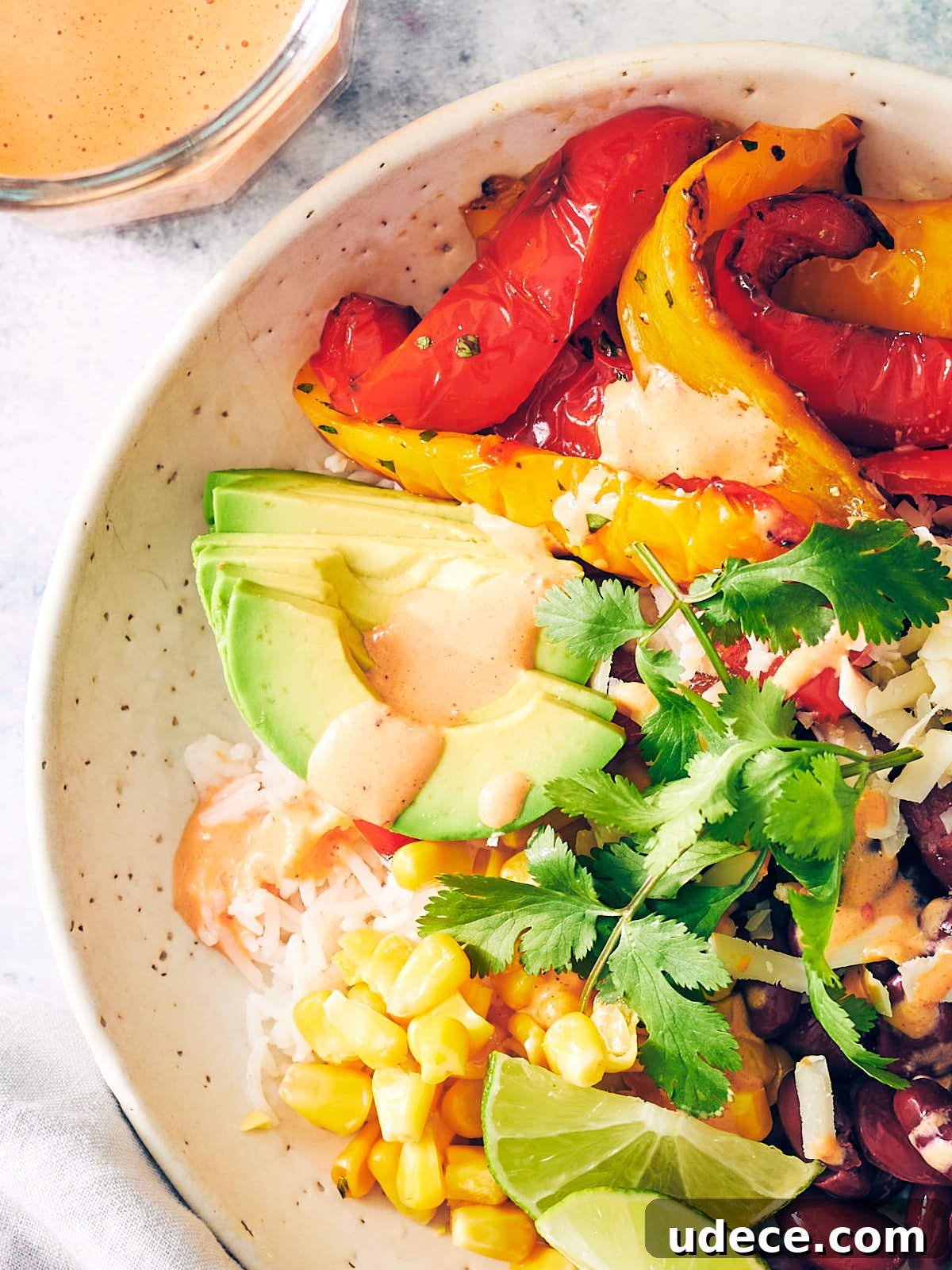 Smoky Roasted Red Pepper Crema Recipe 10 Rice bowl with air fryer peppers, avocado, beans, and red pepper crema.