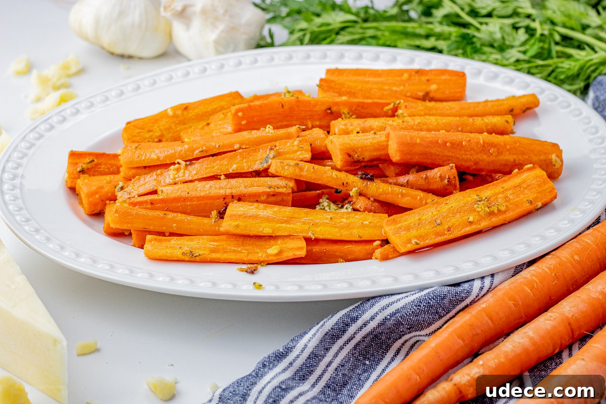 sliced, orange carrots on a white serving platter