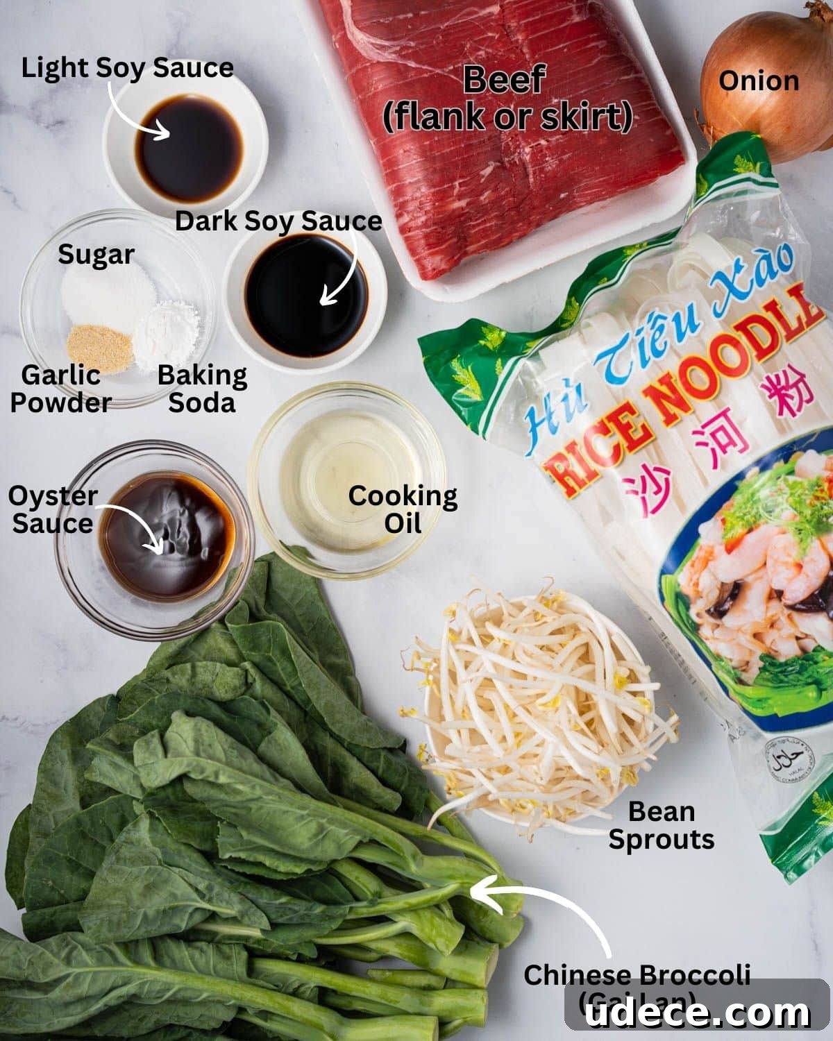 Vietnamese Stir-Fried Hủ Tiếu Noodles with Beef Recipe 4 Ingredients needed for Hu Tieu Xao/Pho Ap Chao: beef (flank or skirt), rice noodles, Chinese broccoli, onion, bean sprouts, cooking oil, oyster sauce, light soy sauce, dark soy sauce, sugar, garlic powder, and baking soda.