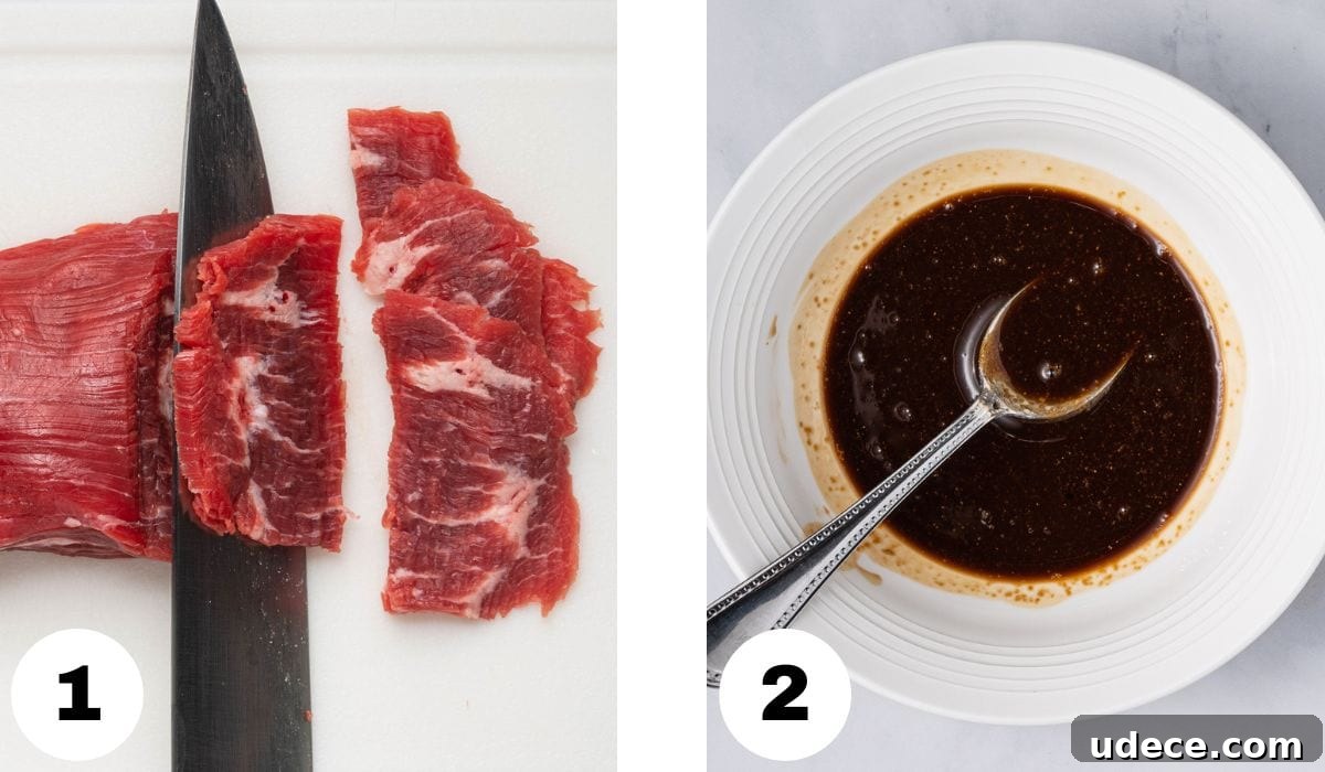 Vietnamese Stir-Fried Hủ Tiếu Noodles with Beef Recipe 5 Process shots 1 and 2 of slicing the beef thinly against the grain and making the marinade.