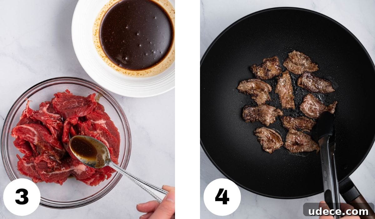 Vietnamese Stir-Fried Hủ Tiếu Noodles with Beef Recipe 6 Process shots 3 and 4: marinating the beef with the sauce and searing it on the wok.
