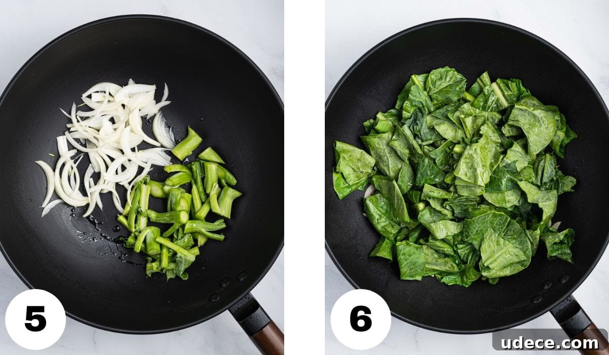 Vietnamese Stir-Fried Hủ Tiếu Noodles with Beef Recipe 7 Process shots 5 and 6: sautéing the onions and Chinese broccoli stems, then leaves.