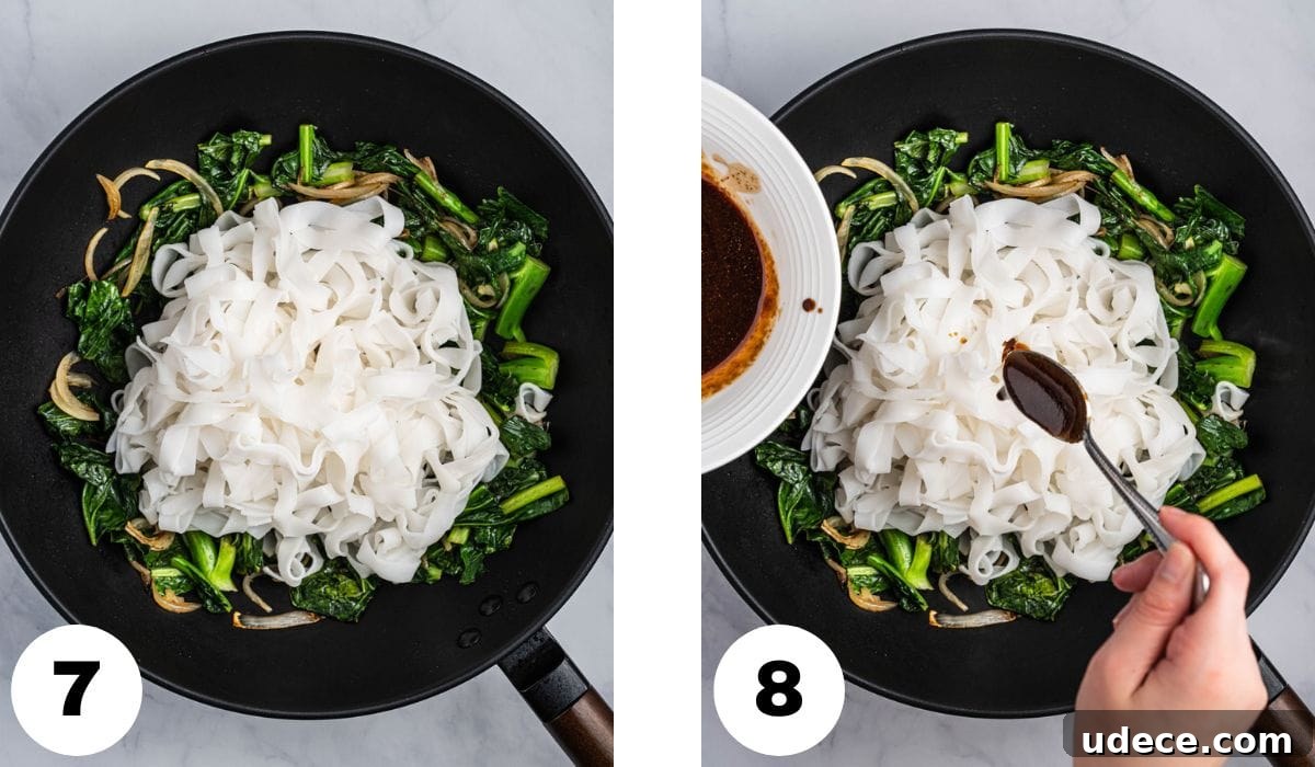 Vietnamese Stir-Fried Hủ Tiếu Noodles with Beef Recipe 8 Process shot step 7 and 8: adding in the noodles and sauce.
