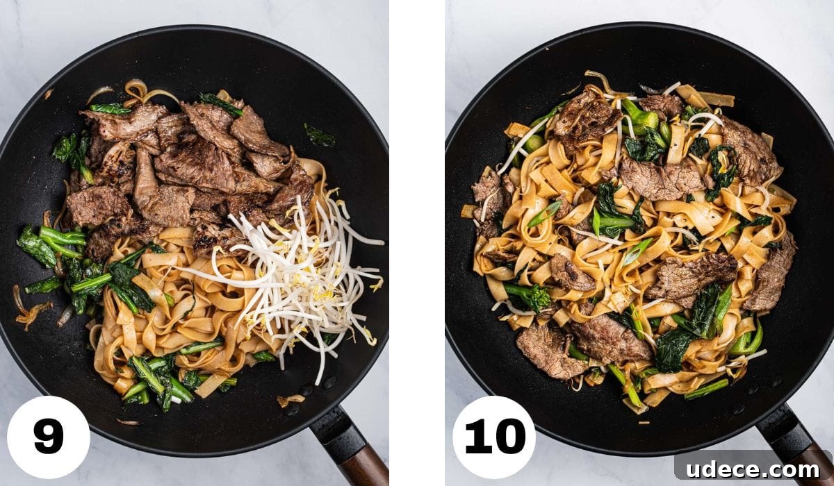Vietnamese Stir-Fried Hủ Tiếu Noodles with Beef Recipe 9 Process shots 9 and 10: adding in the beef and bean sprouts, and stirring it all together.