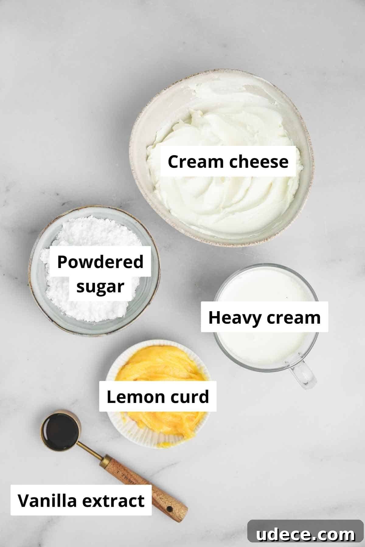 Tangy Lemon Cream Cheese Frosting Recipe for Cakes & Cupcakes 3 ingredients for lemon cream cheese frosting in small bowls