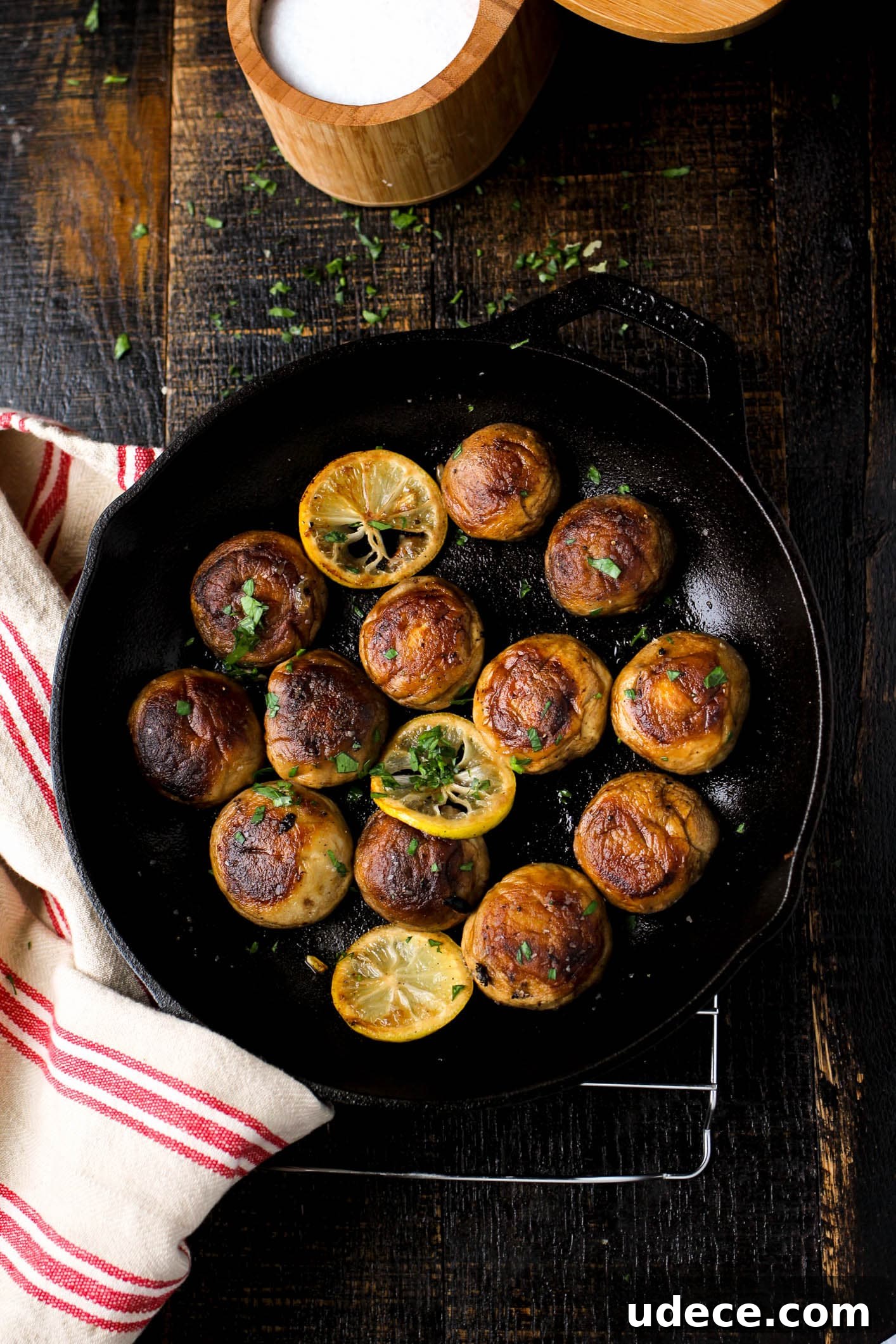 An easy and unbelievably flavorful one pan roasted mushroom dish all in a delicious lemon butter sauce.