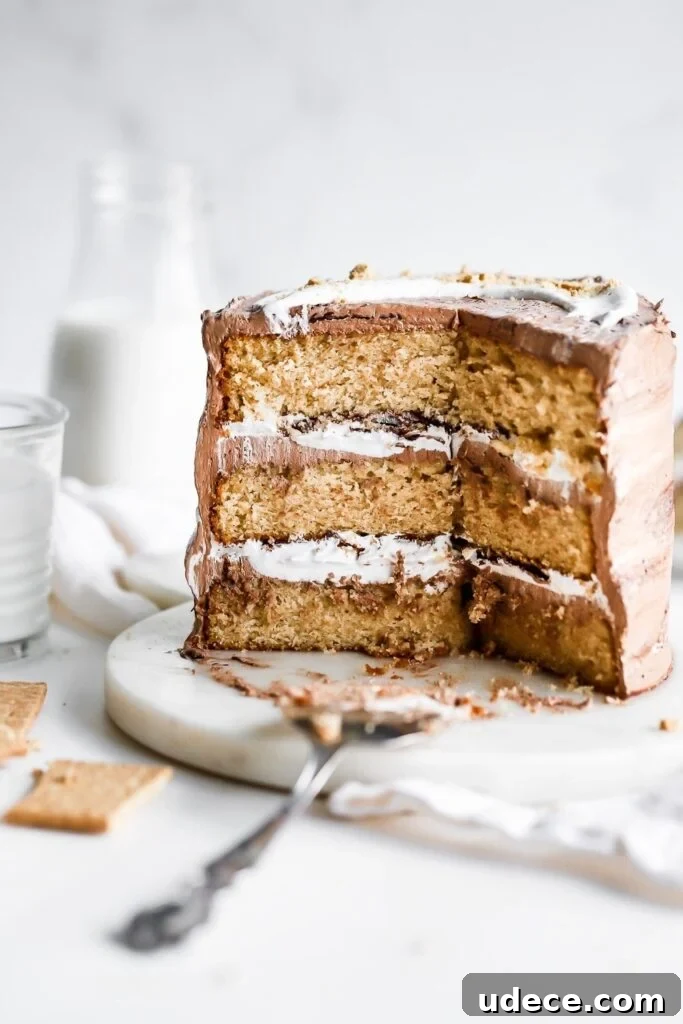 s'mores cake with marshmallow fluff and chocolate frosting