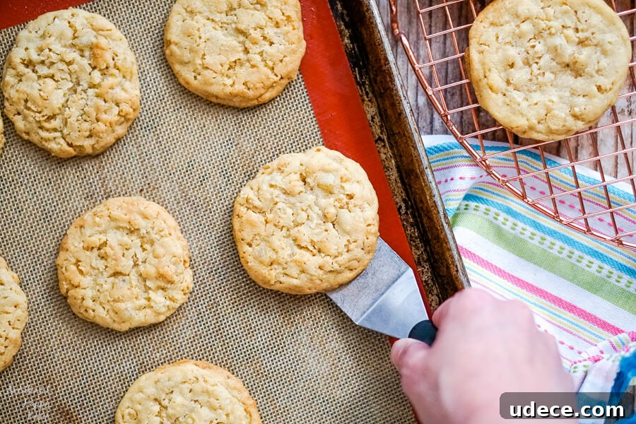 Zesty Lemon Cowboy Cookies Recipe for Soft, Chewy Treats 6 A sheet pan of freshly baked and cooled cookies with a spatula removing a cookie.