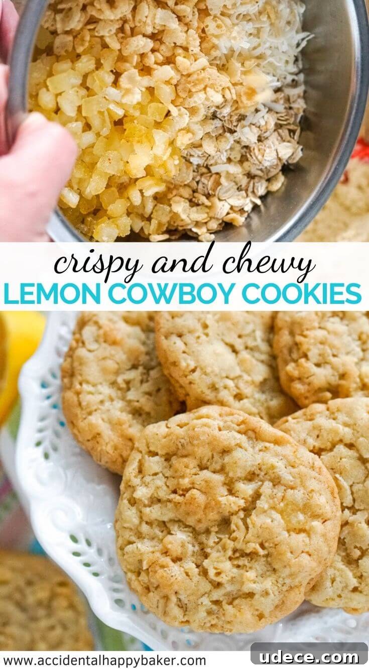 Zesty Lemon Cowboy Cookies Recipe for Soft, Chewy Treats 8 Lemon Cowboy Cookies are chewy lemon cookies made with oatmeal, crispy rice cereal, flaked coconut, and diced candied lemon peel. These cookies have chewy centers with bits of candied lemon peel and crispy edges.