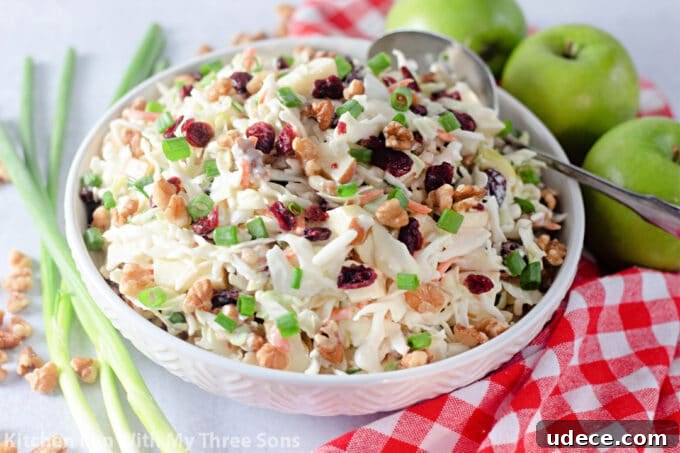 Cranberry Apple Coleslaw Recipe — Fresh Holiday Side Dish 2 Cranberry Apple Coleslaw in a white bowl with a red napkin.