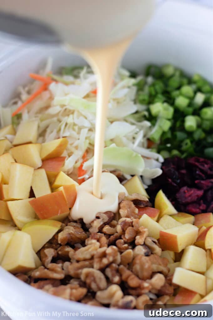 Cranberry Apple Coleslaw Recipe — Fresh Holiday Side Dish 6 pouring dressing over the salad in a bowl.
