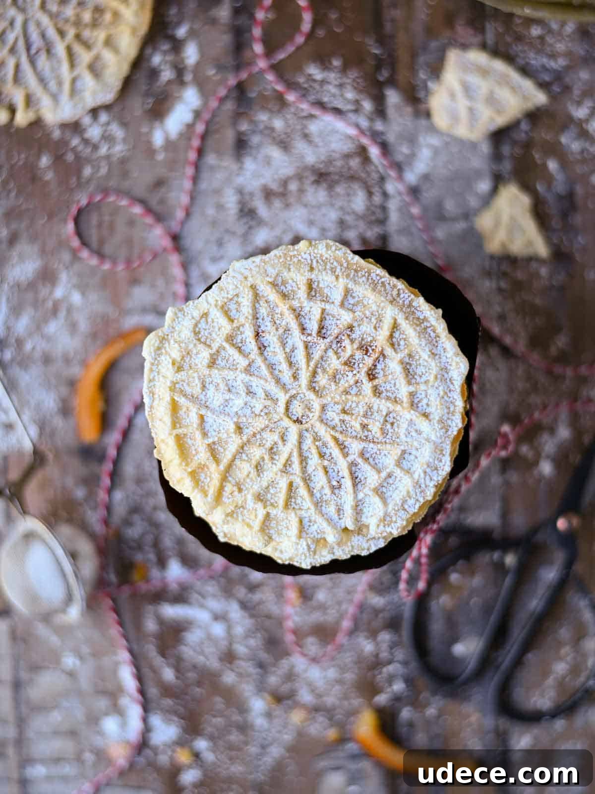 Panettone Pizzelle: Italian Festive Cookies Made from Panettone 3 Overhead detailed view of panettone pizzelle.