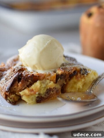 Slice of bread pudding with ice cream on top.