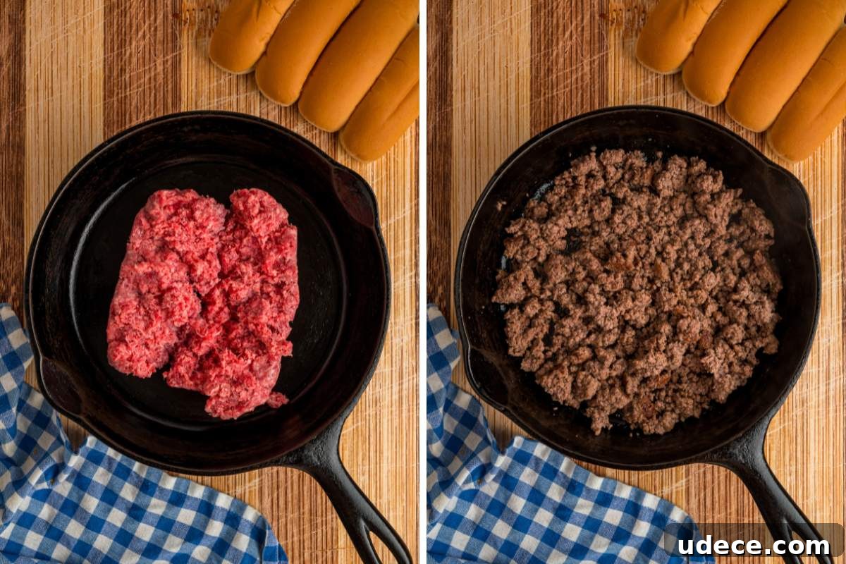 ground beef in skillet before and after cooking.