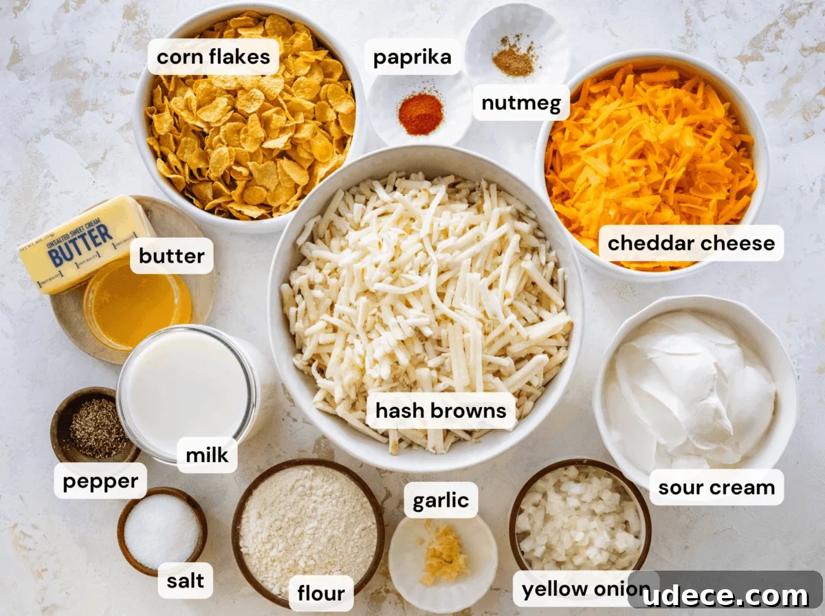 Classic Funeral Potatoes Recipe for Parties and Potlucks 6 Ingredients to make party potatoes all in separate bowls.